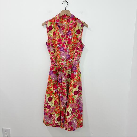 April Cornell Sleeveless Floral Midi Dress Belted Collared Button Front Medium - Picture 1 of 7